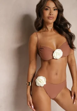 Brązowe Bikini z Wiązaną Górą Ozdobione Kwiatowymi Aplikacjami Rivashan