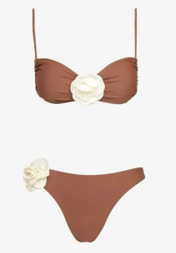 Brązowe Bikini z Wiązaną Górą Ozdobione Kwiatowymi Aplikacjami Rivashan