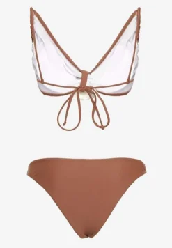 Brązowe Bikini z Wiązaną Górą Ozdobione Kwiatowymi Aplikacjami Rivashan