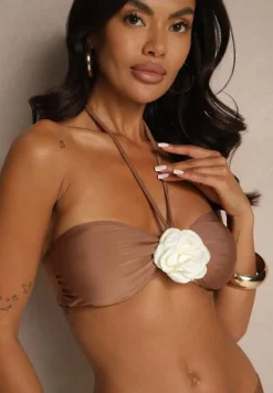 Brązowe Bikini ze Spódniczką Ozdobione Kwiatową Aplikacją 3D Coren