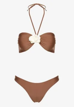 Brązowe Bikini ze Spódniczką Ozdobione Kwiatową Aplikacją 3D Coren
