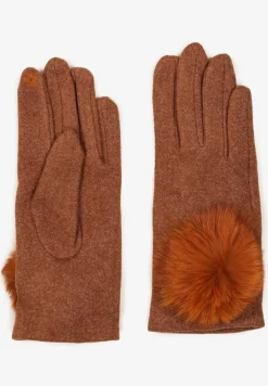 Brązowe Rękawiczki z Bawełną Ozdobione Futrzanym Pomponem Nadelina