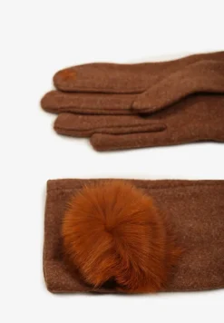 Brązowe Rękawiczki z Bawełną Ozdobione Futrzanym Pomponem Nadelina