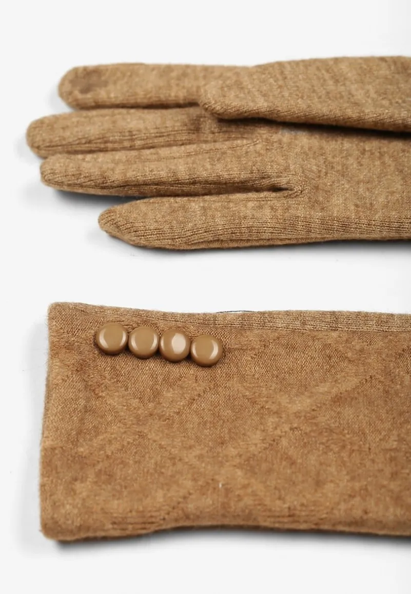 Brązowe Rękawiczki z Bawełną i Ozdobnymi Guzikami Zinnaeth