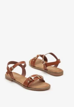 Brązowe Sandały na Płaskiej Podeszwie Ozdobione Metaliczną Sprzączką Rivanese