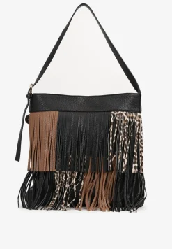 Brązowo-Czarna Torebka Listonoszka z Regulowanym Paskiem Zdobiona Frędzlami w Cętki Ravaniselle