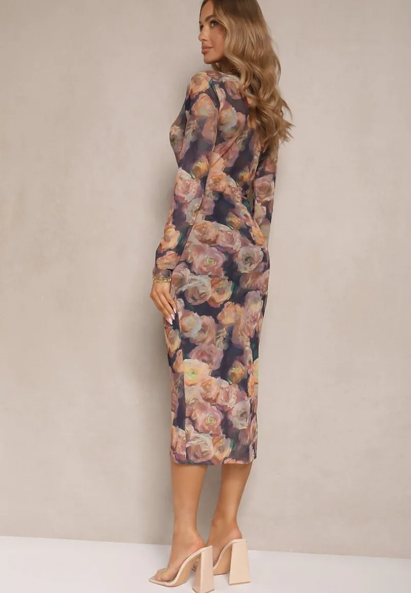 Brązowo-Granatowa Kopertowa Sukienka z Siateczki z Wiskozą Zdobiona Marszczeniem Varseli