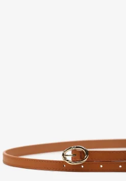 Brązowy Cienki Pasek z Ekoskóry z Ozdobną Sprzączką Naliera