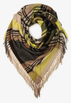 Brązowy Kraciasty Szalik z Wiskozy i Bawełny z Frędzlami Relavis