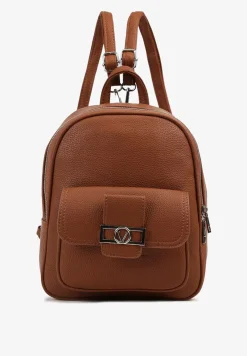 Brązowy Mały Plecak z Kieszonką i Metaliczną Ozdobą na Szelkach z Regulacją Ravasindra
