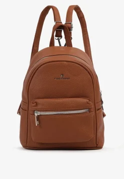 Brązowy Mały Plecak z Kieszonką na Suwak i Ozdobnymi Napisami Iottasa