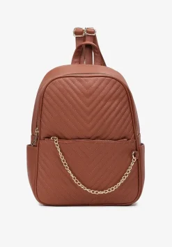 Brązowy Pikowany Plecak Miejski z Łańcuszkiem Azurix