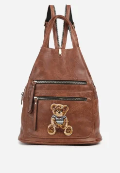 Brązowy Plecak z Dodatkowymi Kieszonkami Zdobiony Naszywką z Misiem Leanelisea