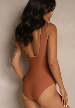 Brązowy Strój Kąpielowy Jednoczęściowy Ozdobiony Aplikacją Kwiatu 3D z Usztywnieniem Seliris