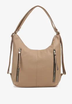 Ciemnobeżowa Torebka Hobo z Regulowanym Paskiem i Kieszeniami z Ozdobnymi Suwakami Sanirael