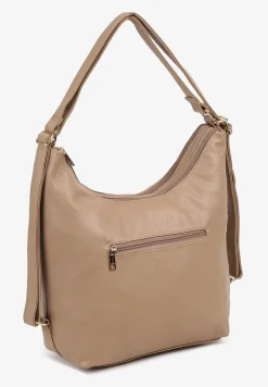 Ciemnobeżowa Torebka Hobo z Regulowanym Paskiem i Kieszeniami z Ozdobnymi Suwakami Sanirael