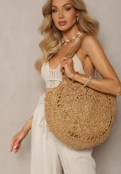 Ciemnobeżowa Boho Torebka z Plecionki z Dwoma Uchwytami Zapinana na Suwak Saiph