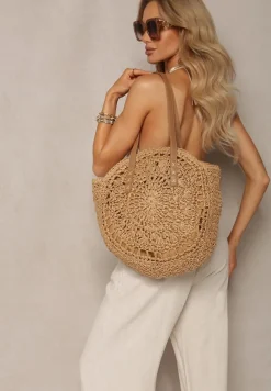 Ciemnobeżowa Boho Torebka z Plecionki z Dwoma Uchwytami Zapinana na Suwak Saiph