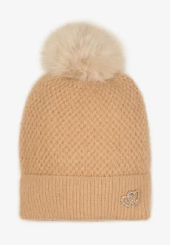 Ciemnobeżowa Czapka Ozdobiona Metalicznymi Sercami i Pomponem Deonita