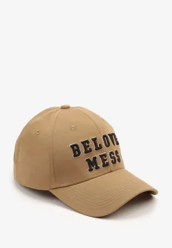 Ciemnobeżowa Czapka z Bawełny z Daszkiem i Napisem Mirazi