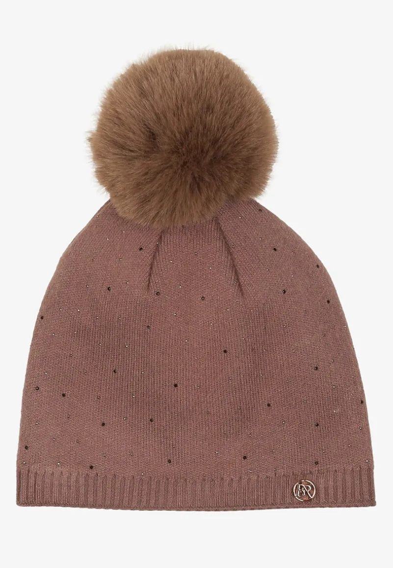 Ciemnobeżowa Czapka z Wiskozą z Futrzanym Pomponem i Cyrkoniowym Zdobieniem Jackitha