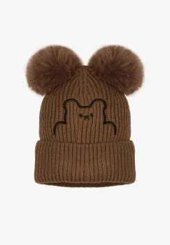Ciemnobeżowa Czapka z Wywinięciem Misiem i Pomponami Nealinae