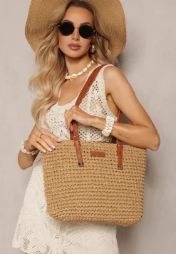 Ciemnobeżowa Duża Pleciona Torebka Wykończona Rączkami z Imitacji Skóry Carpinea