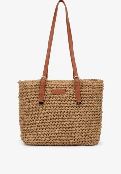 Ciemnobeżowa Duża Pleciona Torebka Wykończona Rączkami z Imitacji Skóry Carpinea