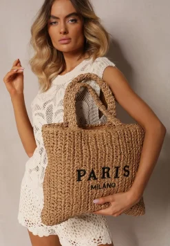 Ciemnobeżowa Duża Torebka z Plecionki Ozdobiona Napisem Degelia