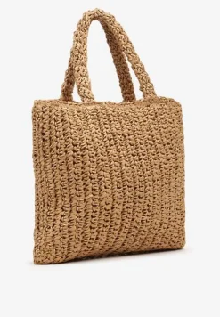 Ciemnobeżowa Duża Torebka z Plecionki Ozdobiona Napisem Degelia