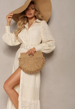 Ciemnobeżowa Jednokomorowa Pleciona Torebka o Półokrągłym Kształcie z Rączkami i Paskiem Iknunia