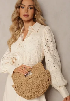 Ciemnobeżowa Jednokomorowa Pleciona Torebka o Półokrągłym Kształcie z Rączkami i Paskiem Iknunia