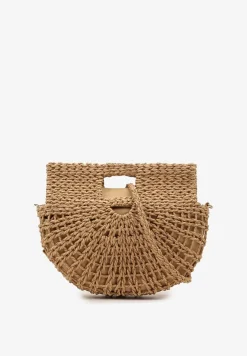 Ciemnobeżowa Jednokomorowa Pleciona Torebka o Półokrągłym Kształcie z Rączkami i Paskiem Iknunia