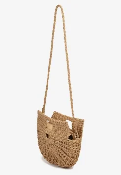 Ciemnobeżowa Jednokomorowa Pleciona Torebka o Półokrągłym Kształcie z Rączkami i Paskiem Iknunia