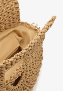 Ciemnobeżowa Jednokomorowa Pleciona Torebka o Półokrągłym Kształcie z Rączkami i Paskiem Iknunia