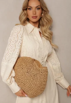 Ciemnobeżowa Okrągła Pleciona Torebka z Rączkami Zapinana na Zamek Błyskawiczny Brunia