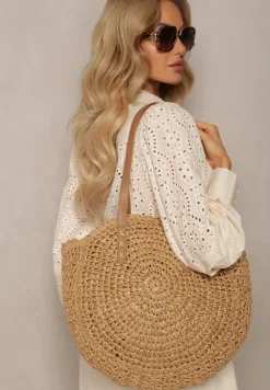 Ciemnobeżowa Okrągła Pleciona Torebka z Rączkami Zapinana na Zamek Błyskawiczny Brunia