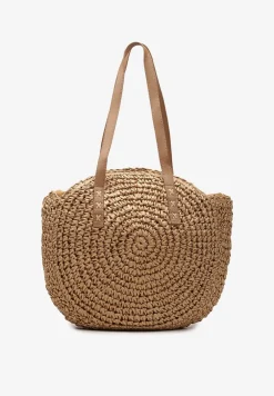 Ciemnobeżowa Okrągła Pleciona Torebka z Rączkami Zapinana na Zamek Błyskawiczny Brunia