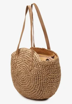 Ciemnobeżowa Okrągła Pleciona Torebka z Rączkami Zapinana na Zamek Błyskawiczny Brunia