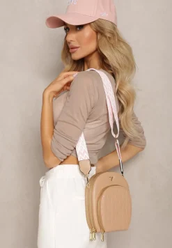 Ciemnobeżowa Owalna Torebka o Małym Fasonie na Ramię z Wzorzystym Paskiem Selaeno