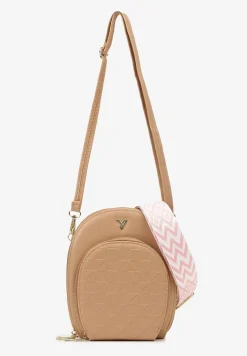 Ciemnobeżowa Owalna Torebka o Małym Fasonie na Ramię z Wzorzystym Paskiem Selaeno