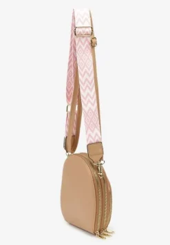 Ciemnobeżowa Owalna Torebka o Małym Fasonie na Ramię z Wzorzystym Paskiem Selaeno