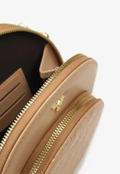 Ciemnobeżowa Owalna Torebka o Małym Fasonie na Ramię z Wzorzystym Paskiem Selaeno