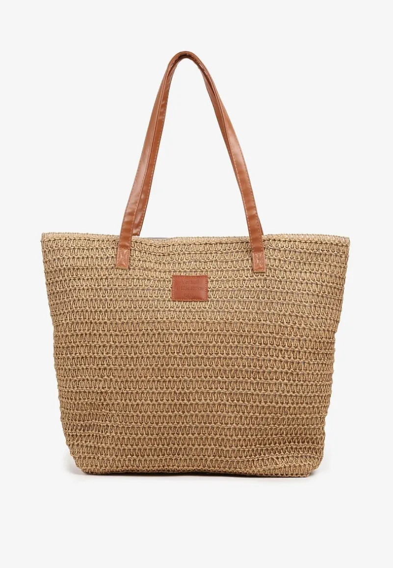 Ciemnobeżowa Plażowa Torebka Shopperka z Plecionki Rivauri