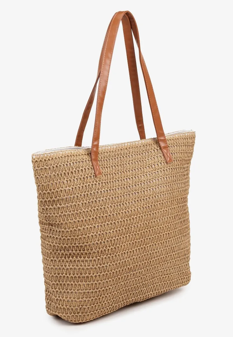 Ciemnobeżowa Plażowa Torebka Shopperka z Plecionki Rivauri