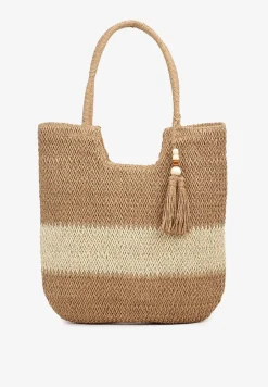 Ciemnobeżowa Pleciona Torebka z Frędzlem w Stylu Boho Rineriela