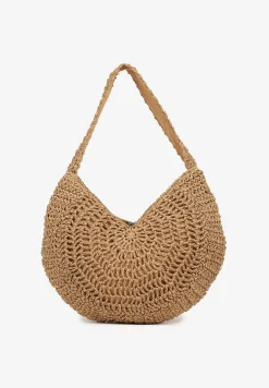 Ciemnobeżowa Pleciona Torebka na Ramię o Półokrągłym Kształcie Genvia