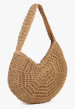 Ciemnobeżowa Pleciona Torebka na Ramię o Półokrągłym Kształcie Genvia