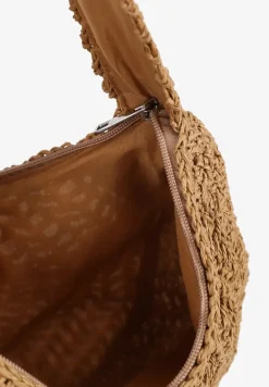 Ciemnobeżowa Pleciona Torebka na Ramię o Półokrągłym Kształcie Genvia