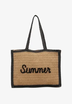 Ciemnobeżowa Pleciona Torebka Shopperka Plażowa z Napisem Korauri